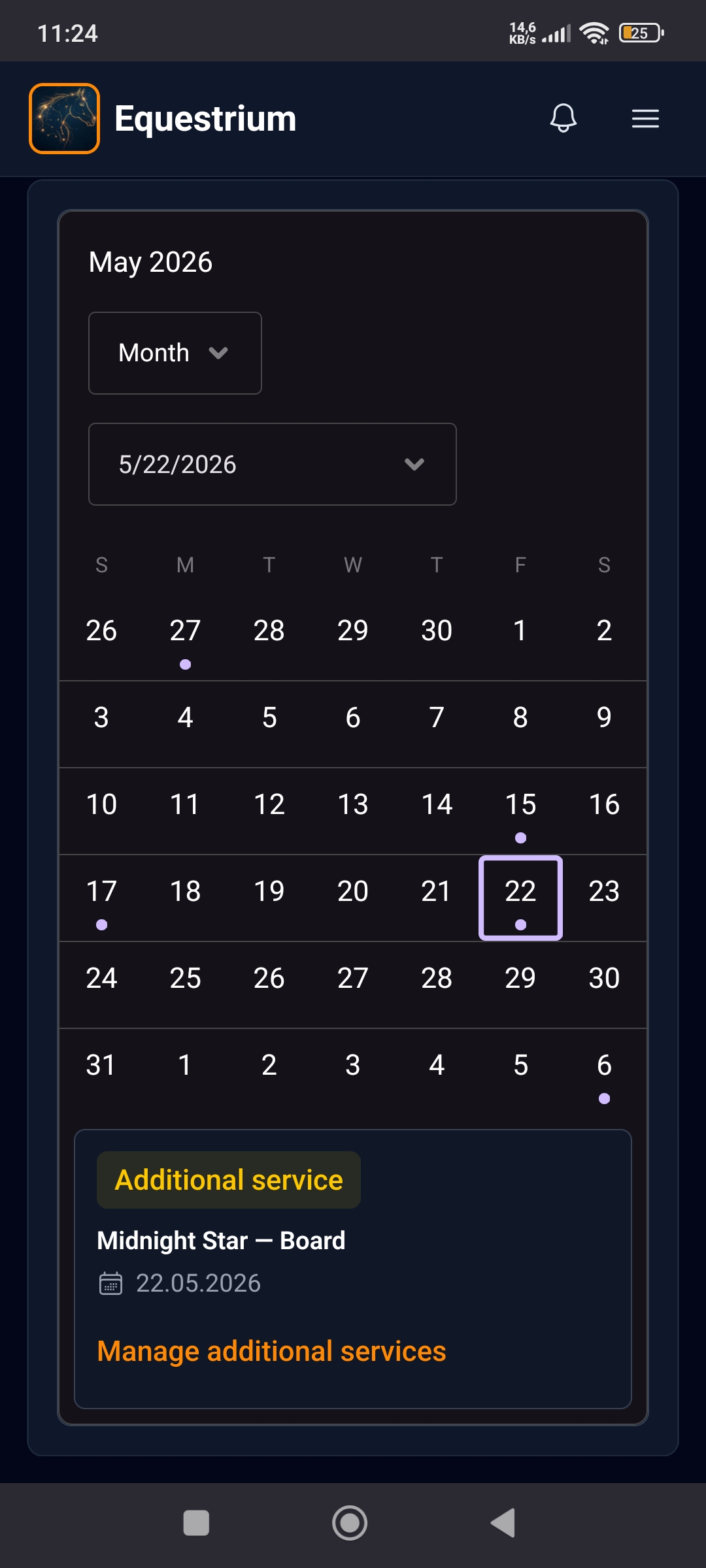 Equestrium calendar month view with additional services on selected days