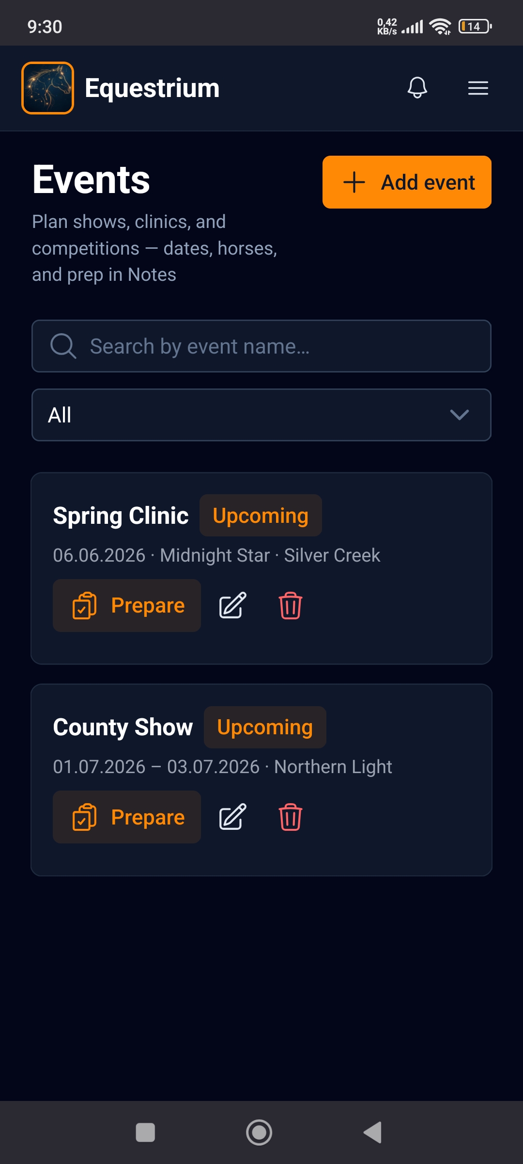 Equestrium Events list with upcoming clinics and shows