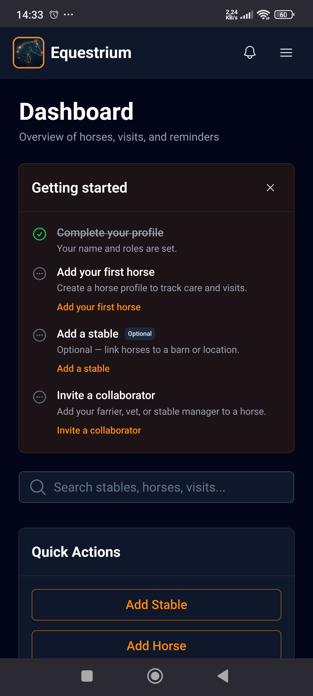 Equestrium dashboard with a getting-started checklist for new users