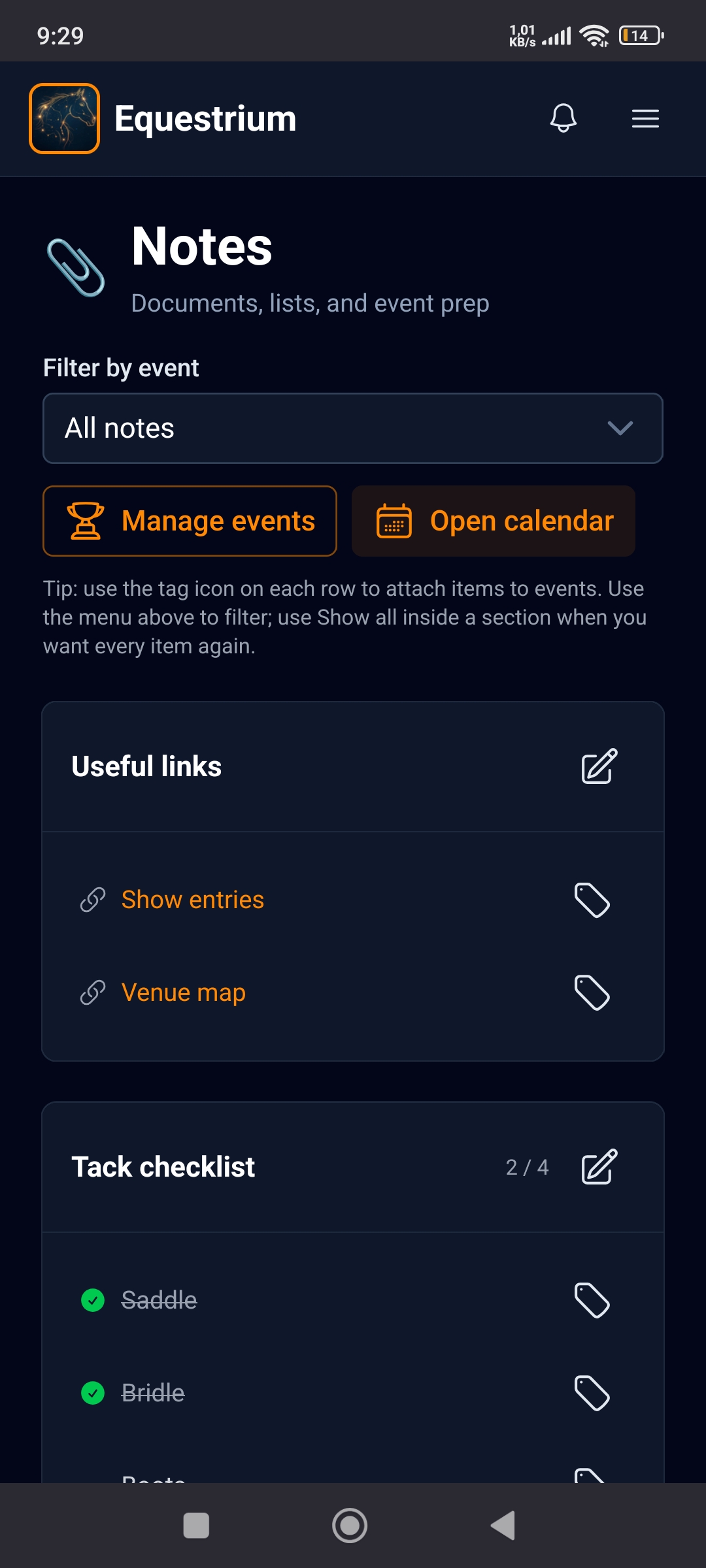 Equestrium Notes with useful links and a tack checklist for event prep