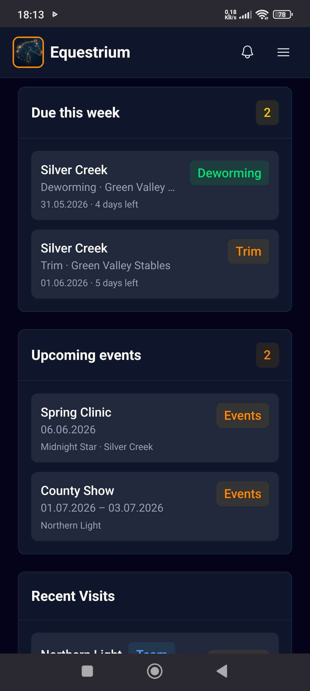 Equestrium owner dashboard with quick actions and overdue care