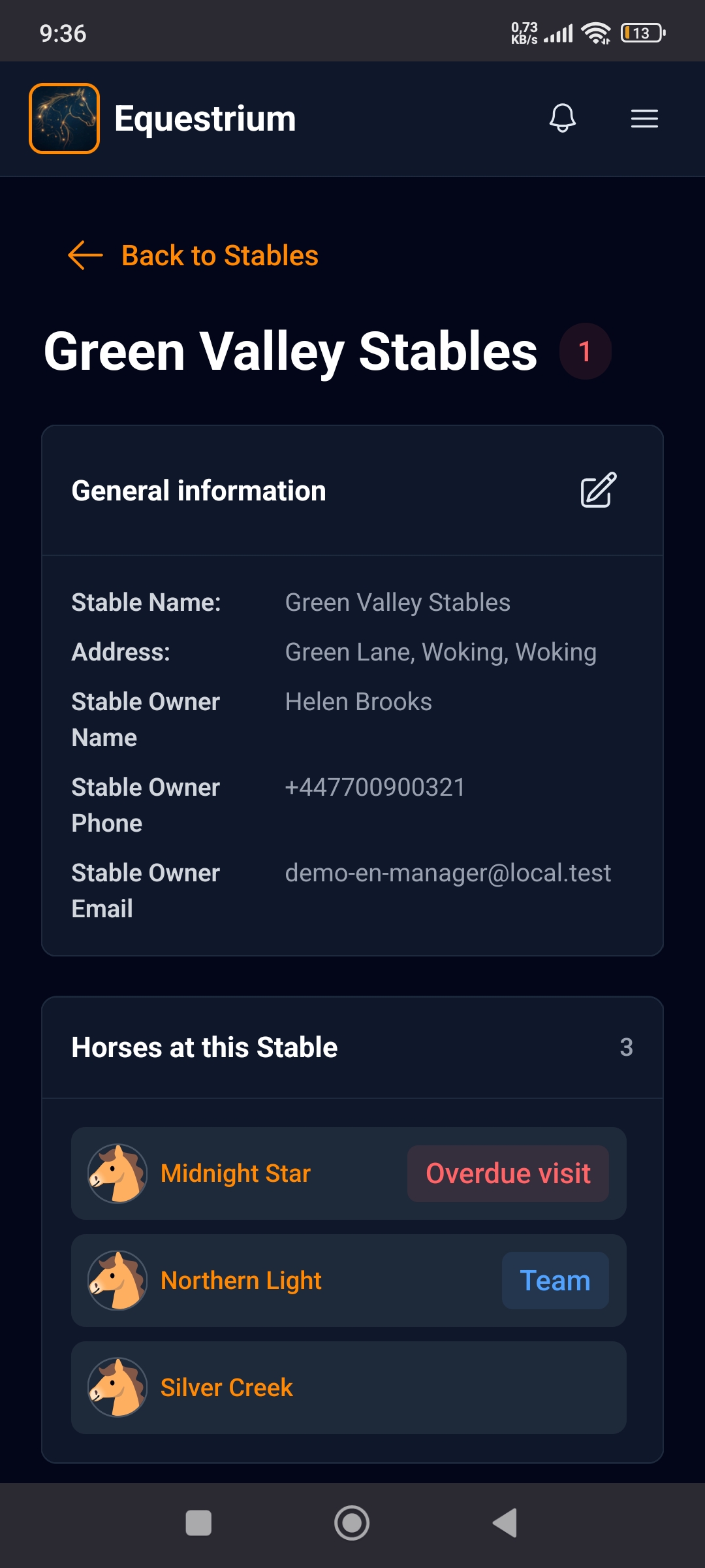 Equestrium stable detail with contact info and horses at the location