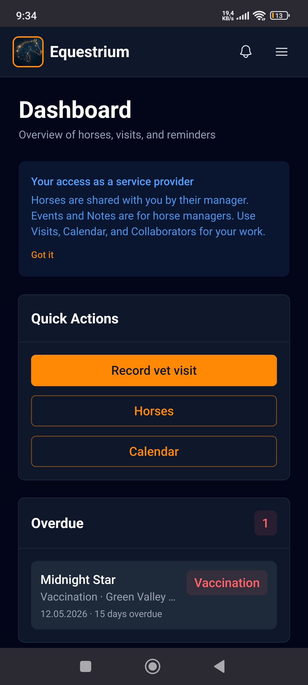Equestrium vet dashboard highlighting overdue vaccination care