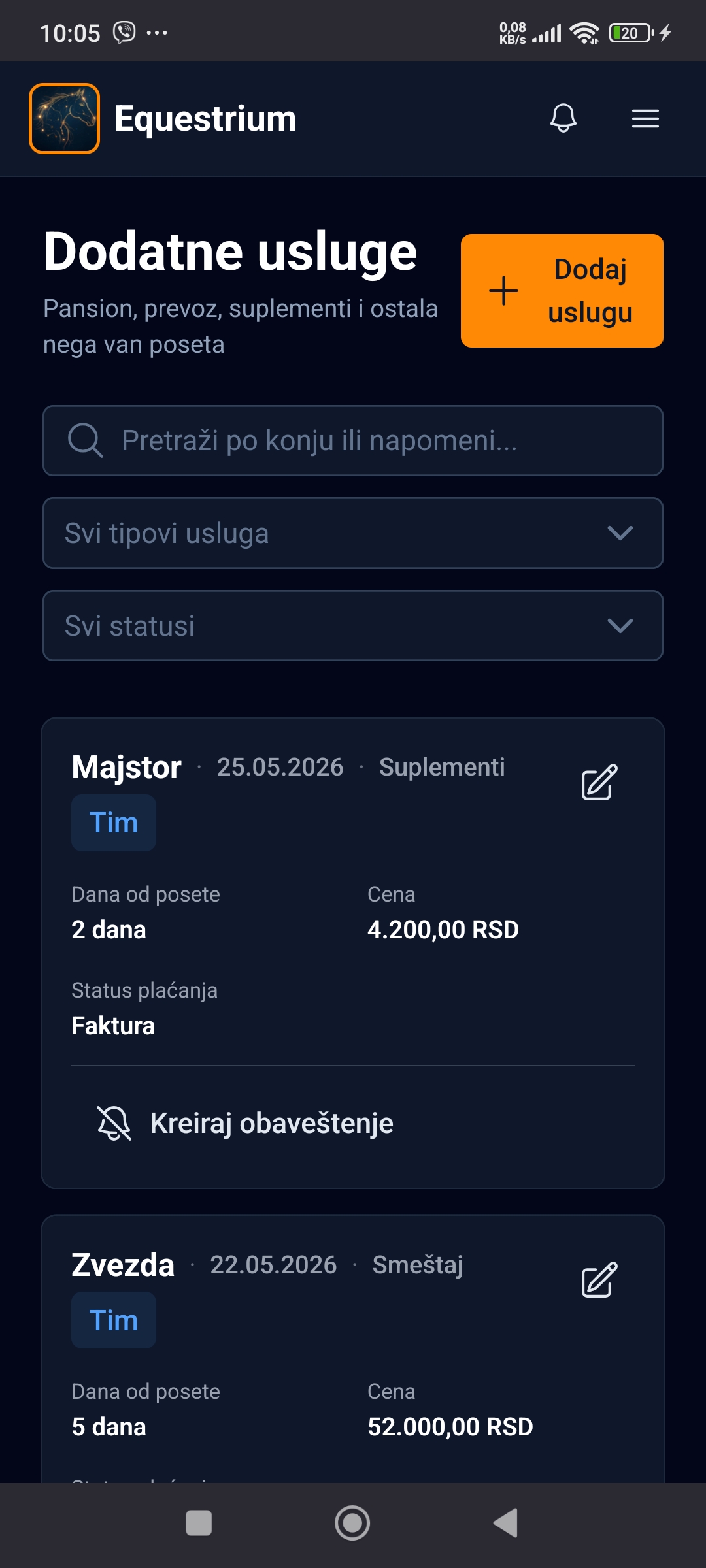 Equestrium dodatne usluge za smeštaj, suplemente i status plaćanja