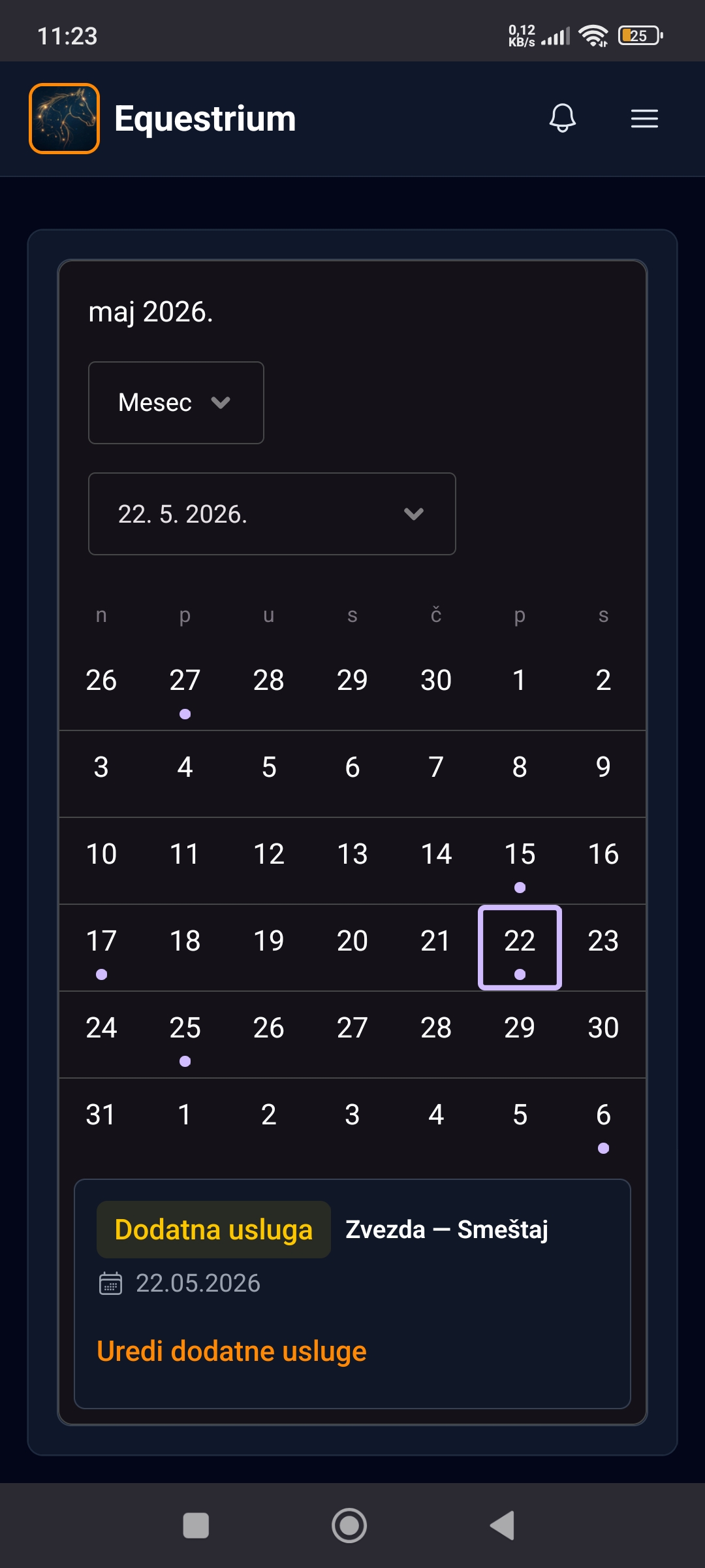 Equestrium kalendar sa mesečnim prikazom i dodatnim uslugama