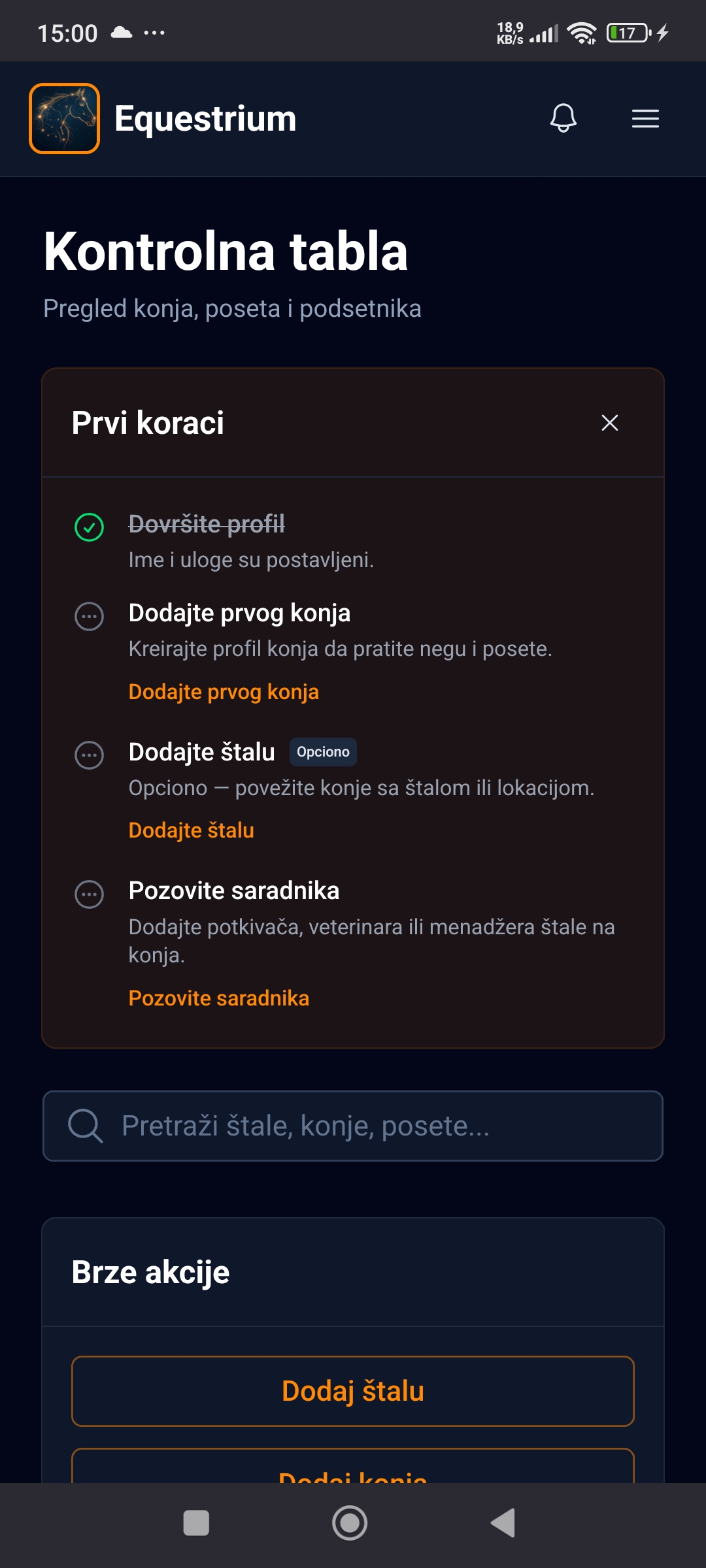 Equestrium kontrolna tabla sa listom prvih koraka za nove korisnike