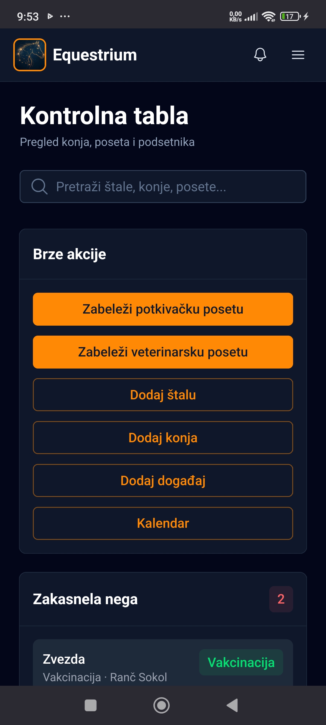 Equestrium kontrolna tabla vlasnika sa brzim akcijama i zakasnelom negom