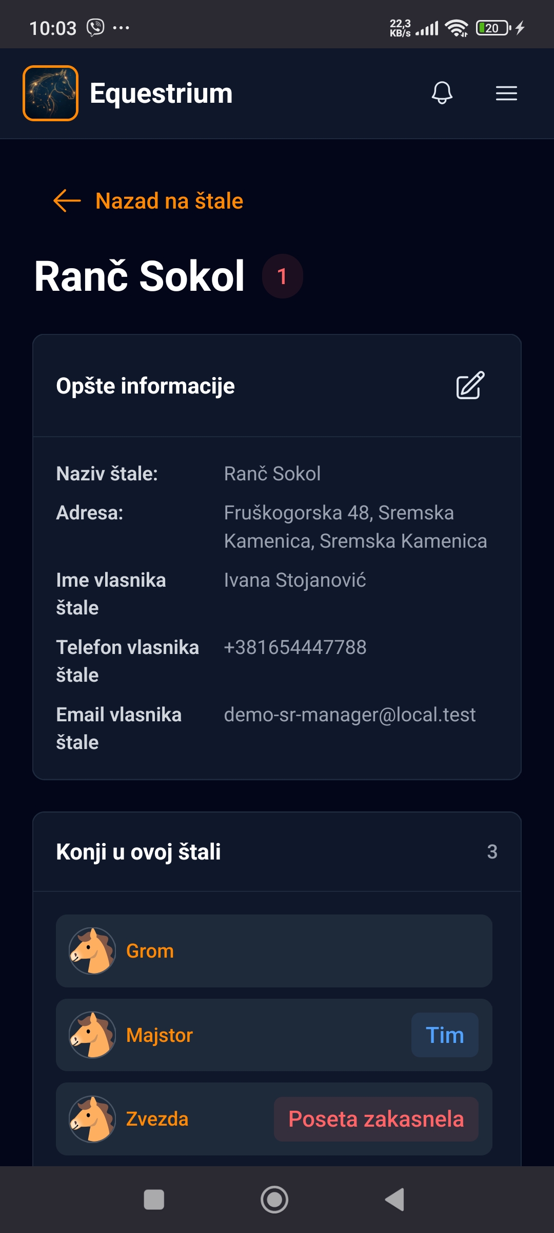 Equestrium detalji štale sa kontaktima i listom konja na lokaciji